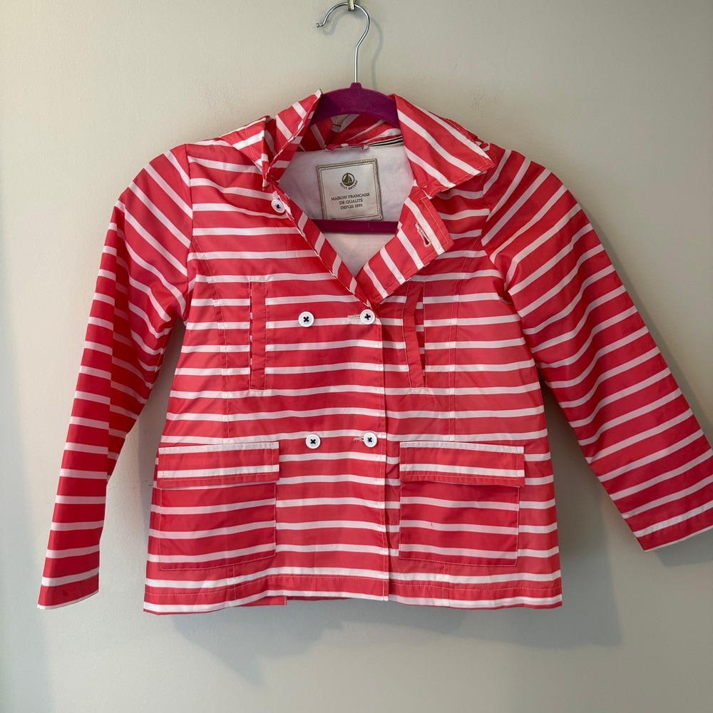 Petit Bateau Kids Red White Striped Hooded‎ Raincoat Jacket Size 8 Ans
